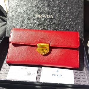 Prada Scarlet Leather Clutch with Gold Accent / wallet on a Chain.